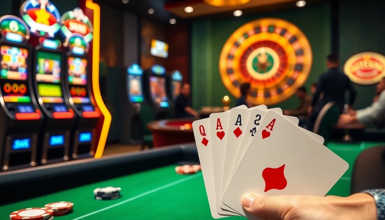 A thrilling casino atmosphere at https://hitclub9.vip/ showcasing players at poker tables and vibrant slot machines.