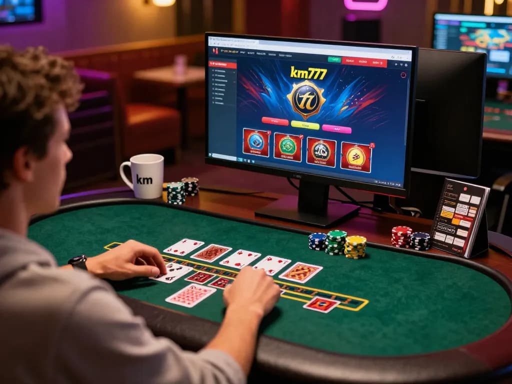 Engaging scene of km777 online gaming with live dealer blackjack setup and cozy home atmosphere.