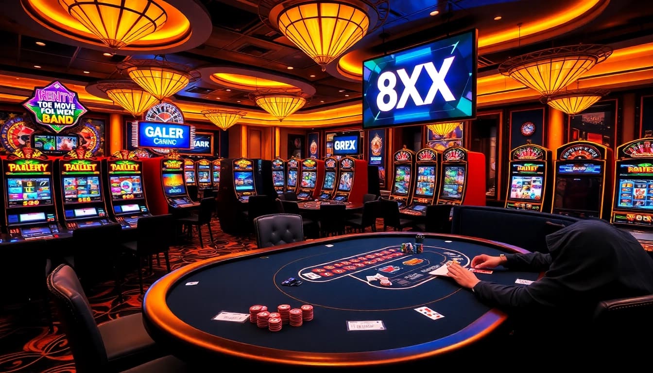 Engage in thrilling games at link 8XX casino, featuring poker tables and vibrant slot machines.