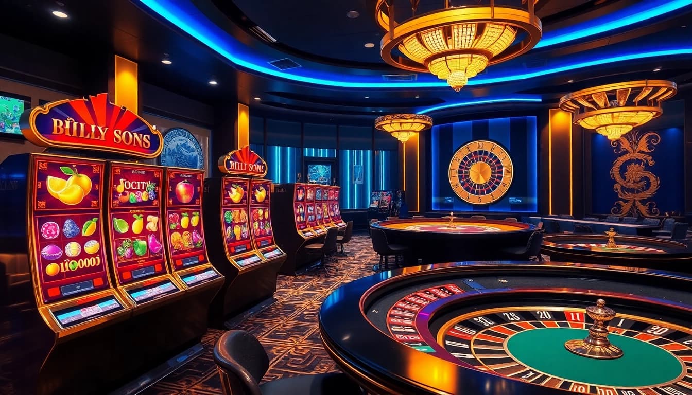 Engaging nổ hũ slot machines in a luxurious casino setting, showcasing vibrant winnings.