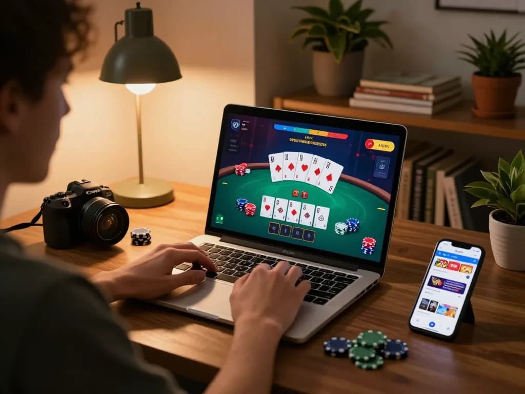 Engaging with MM88 poker online, a player analyzes strategy in a cozy home environment.