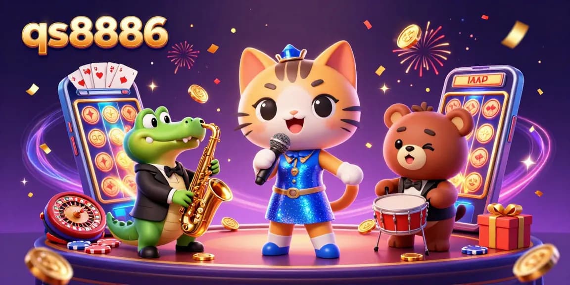 Experience the excitement of qs8886 with a cartoon stage performance, celebrating casino games and thrills.