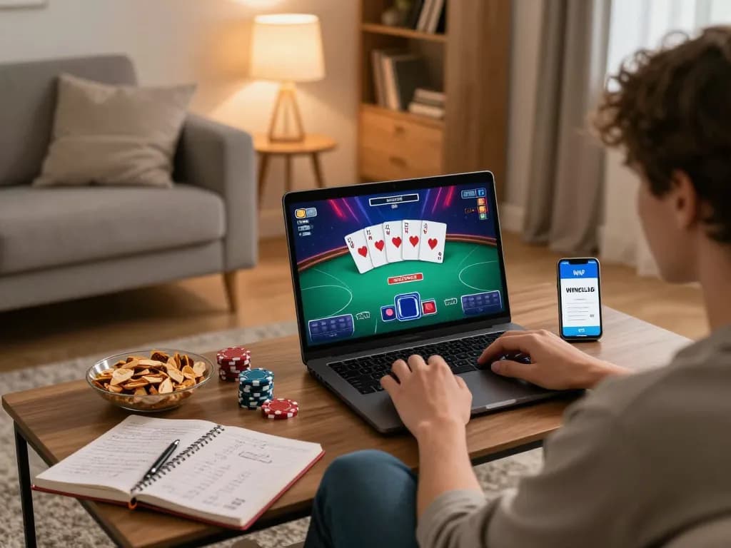 IWINCLUB user engaging in online poker game on laptop with snacks and strategy notes.