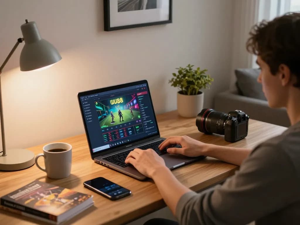 Engaging in online casino gaming on UU88, showcasing a warm home environment with strategy guides.