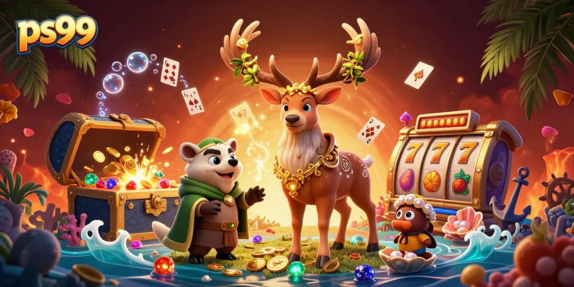 Engage with ps99's vibrant casino world featuring 3D characters celebrating jackpot wins amidst underwater treasures.