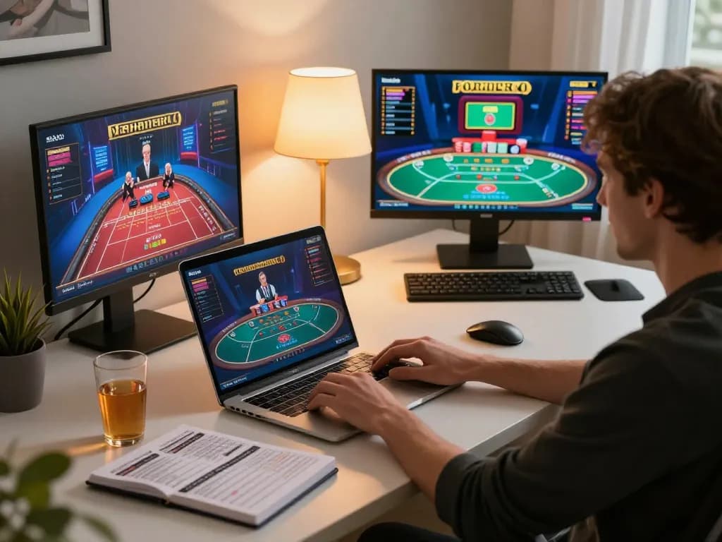 Engaging in FLY 88 online poker gaming with strategic notes on the desk