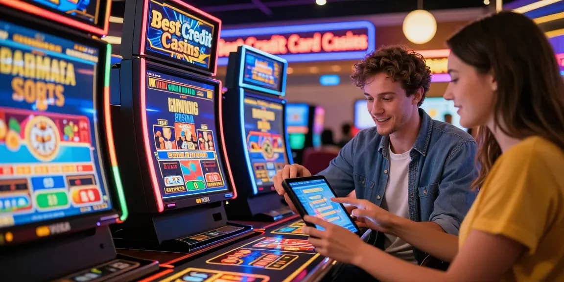 Engaged players enjoying credit card casinos with vibrant game graphics and payment options visible.