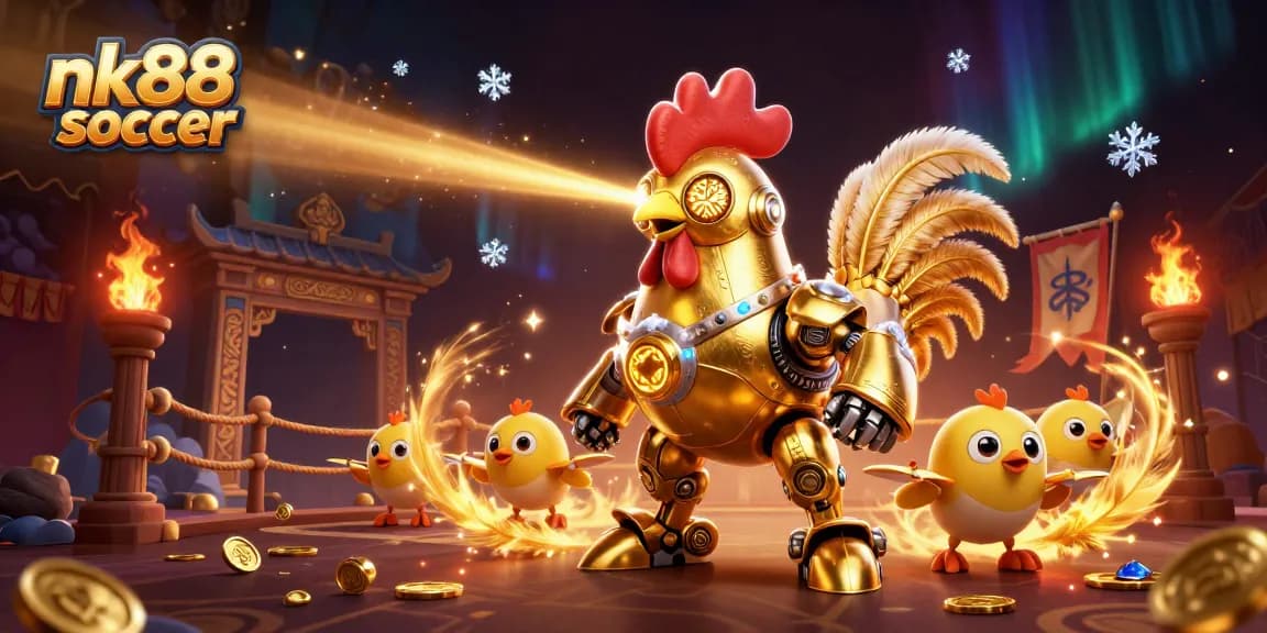 Engage with nk88 soccer as a golden rooster robot leads chick drones in a thrilling casino arena.