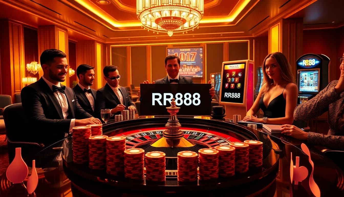 Engaged players enjoying a luxurious RR88 casino experience with roulette and poker chips.