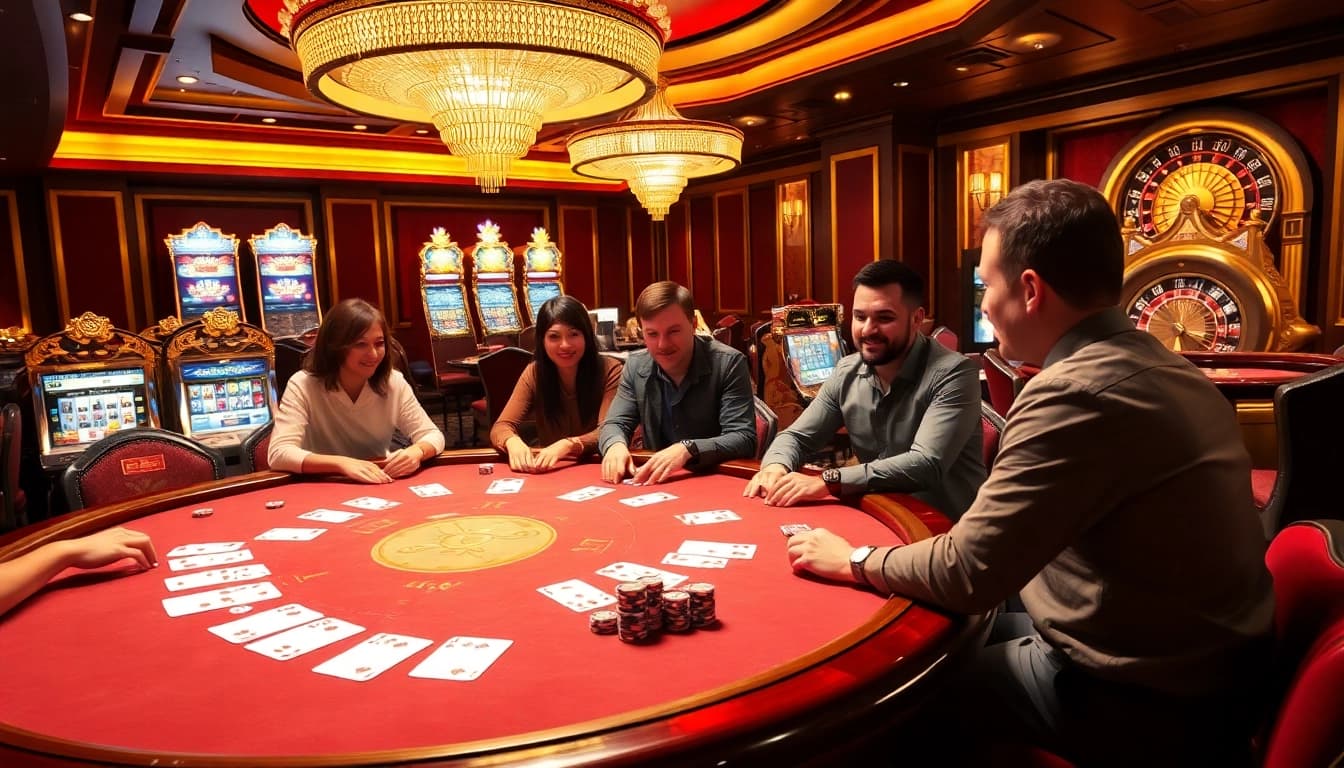 A vibrant poker table scene at 888b casino, featuring players engaged in high-stakes betting with colorful chips and cards.