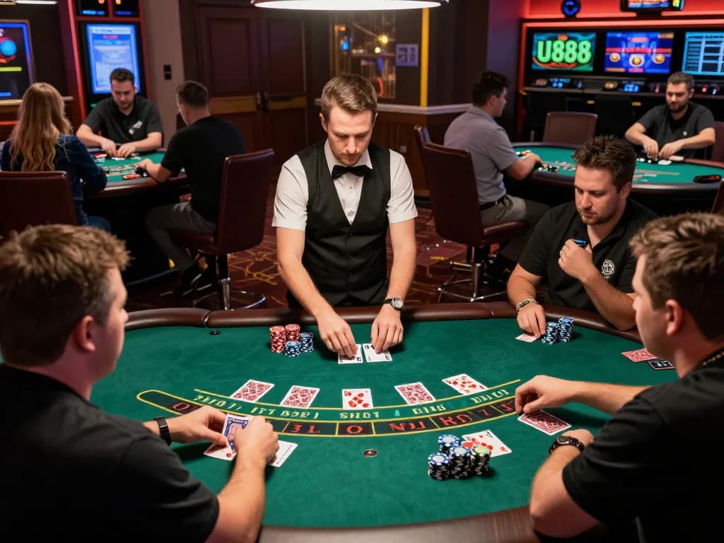 Players engaging in an exciting U888 live blackjack game, showcasing strategic moves and dynamic gameplay.