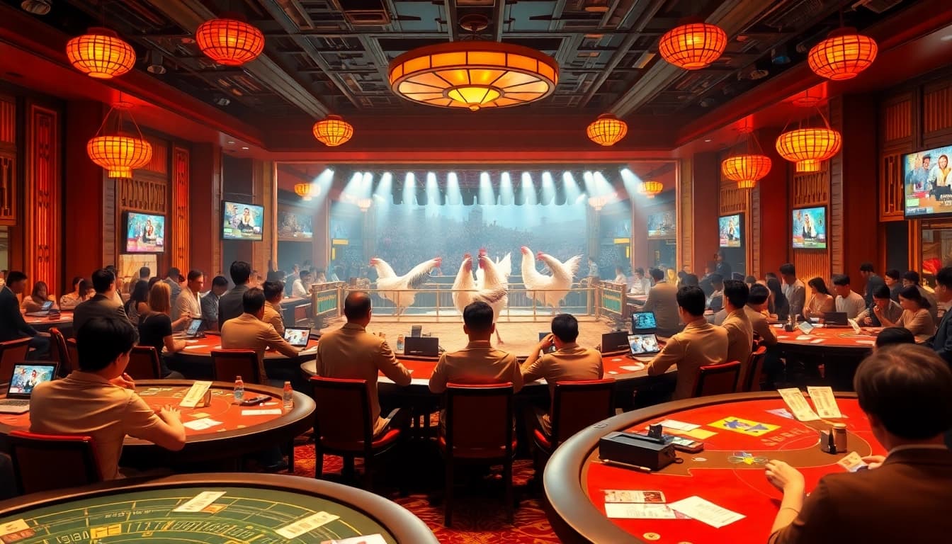 Exciting betting scene at ĐÁ GÀ SV388 showcasing intensive cockfighting action and enthusiastic spectators.