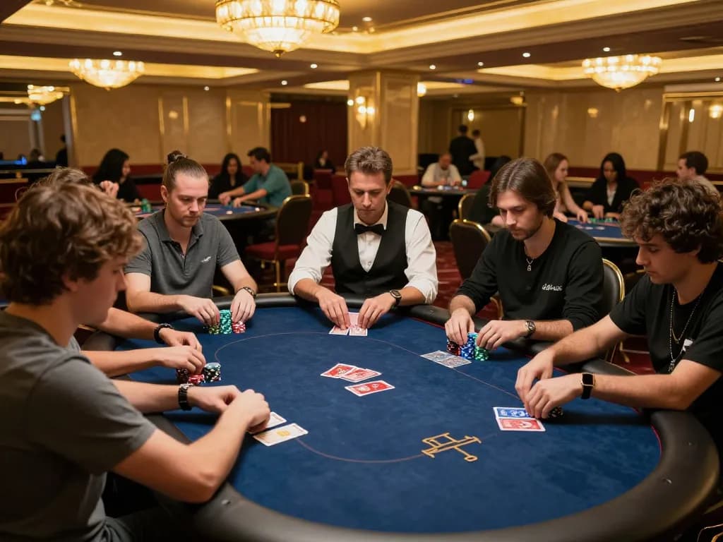 Players engaging intensely at a poker table in a high-end casino, showcasing the excitement of f8betz.