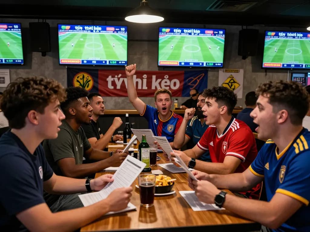 Fans engaging with tỷ lệ kèo bets in a lively sports bar during match day.