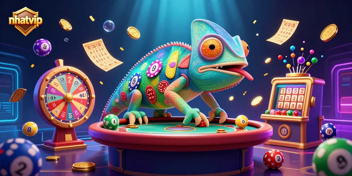 Nhatvip casino owner chameleon catching golden coins in a vibrant gambling scene