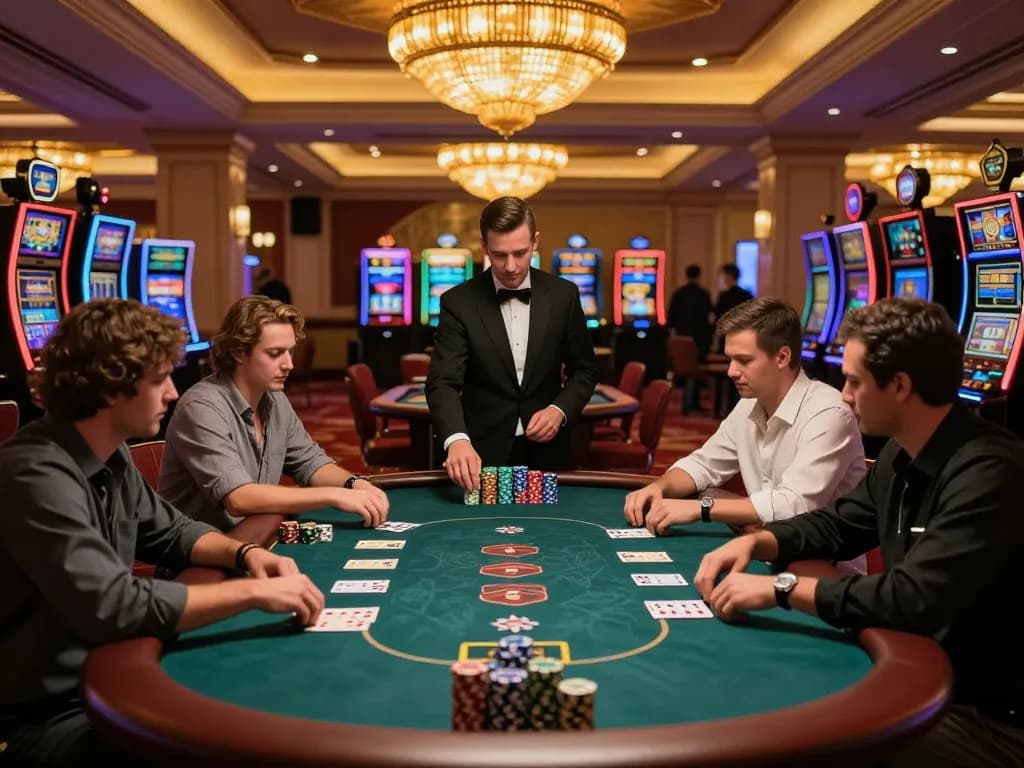 Players engaging in a high-stakes game of poker at 789WIN casino, showcasing intense focus and strategy.
