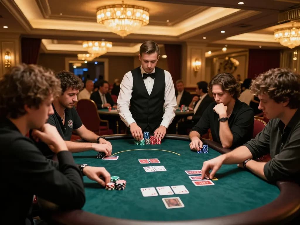 MM88 players intensely focused during a high-stakes poker game at an upscale casino.