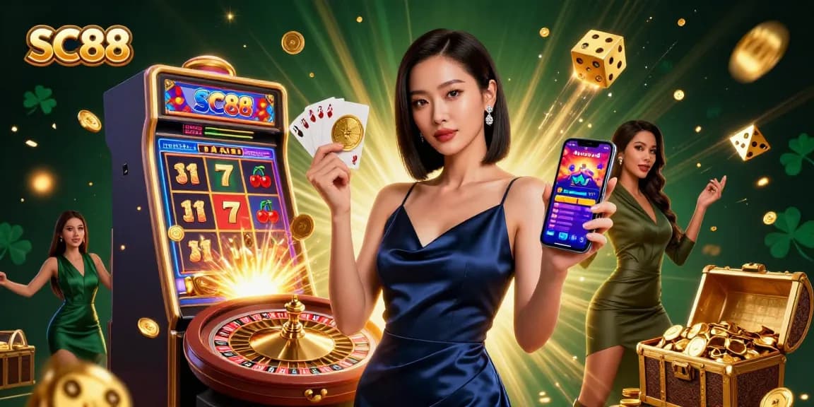 Experience the excitement of SC88 with a stunning Asian woman showcasing casino games and vibrant jackpot elements.
