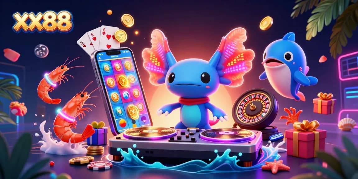 Play exciting games at xx88 with vibrant characters and dynamic casino elements surrounding them.