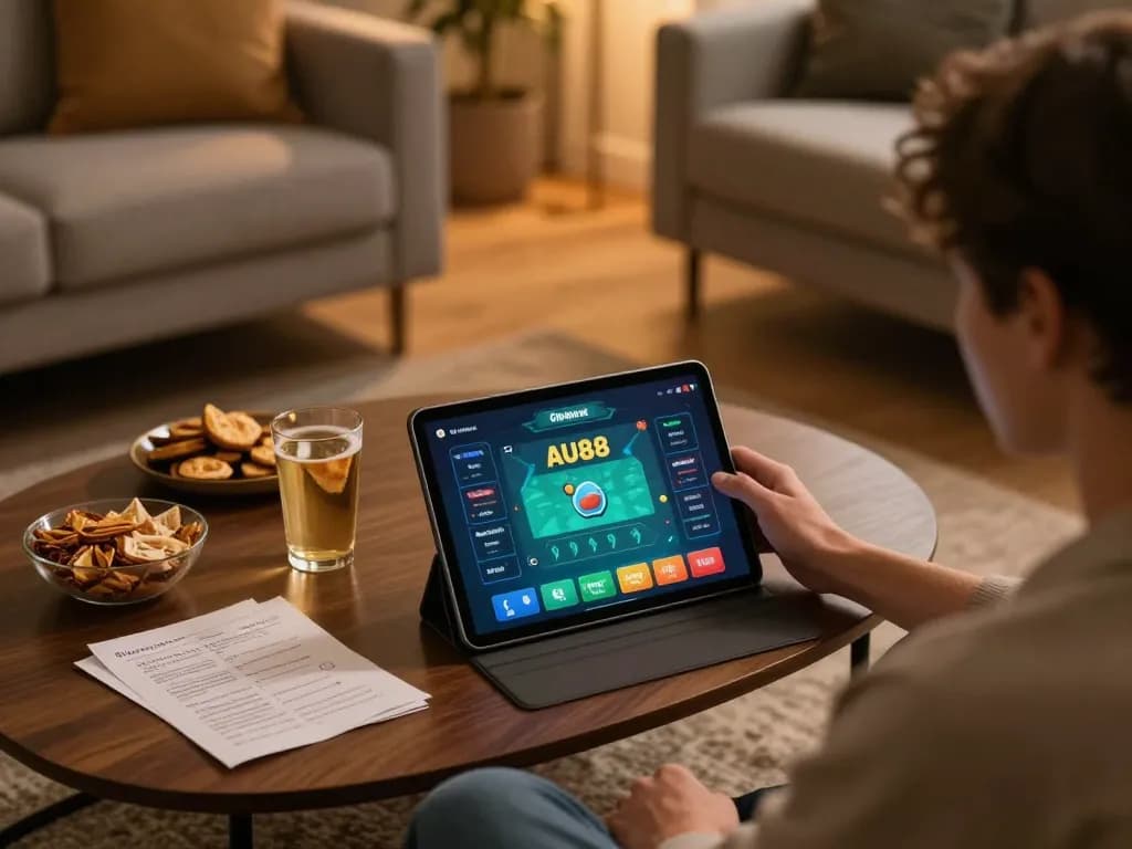 Playing au88 online in a cozy setting with a tablet and betting notes.