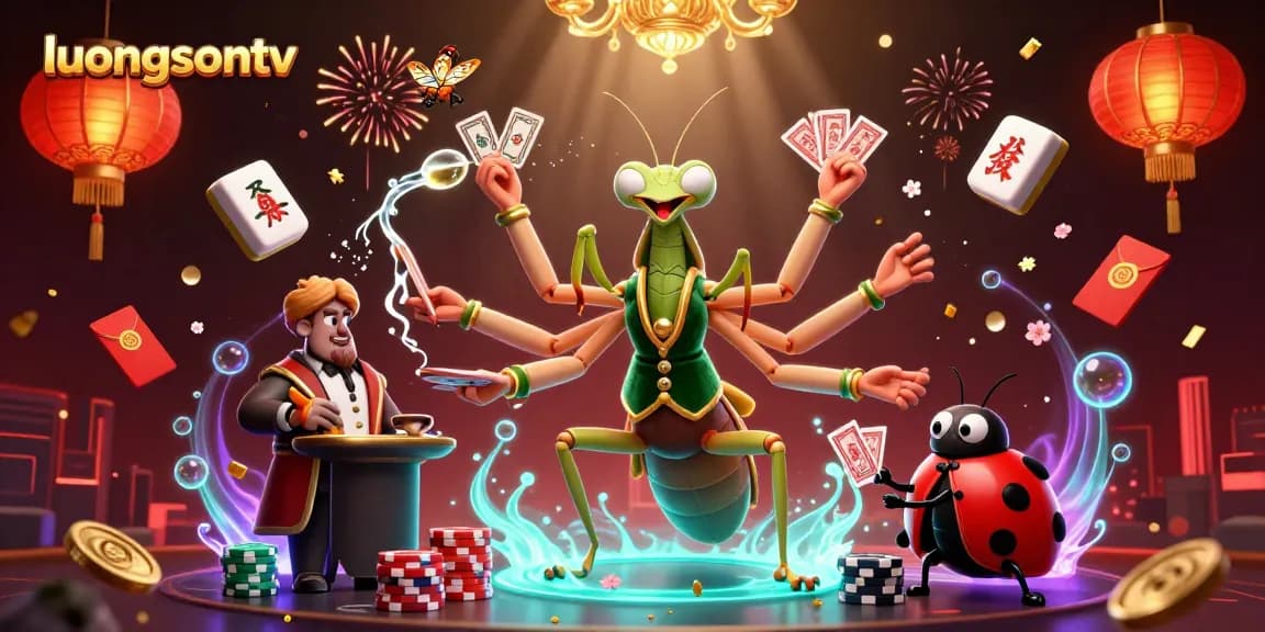Luongsontv showcases a vibrant gambling scene with a cartoon mantis card sharp and ladybug pit boss.