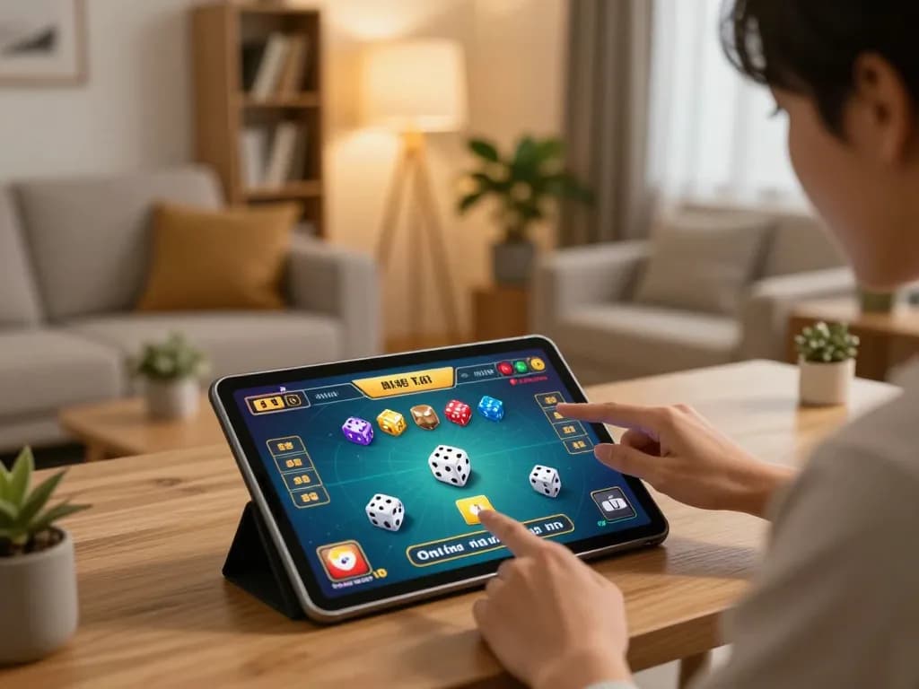 Tài Xỉu Online gameplay at home using taixiuonline8, showcasing tablet with engaging user interface.