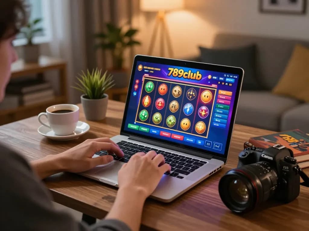 Player enjoying online slot games at 789club, immersed in a cozy home gaming atmosphere.
