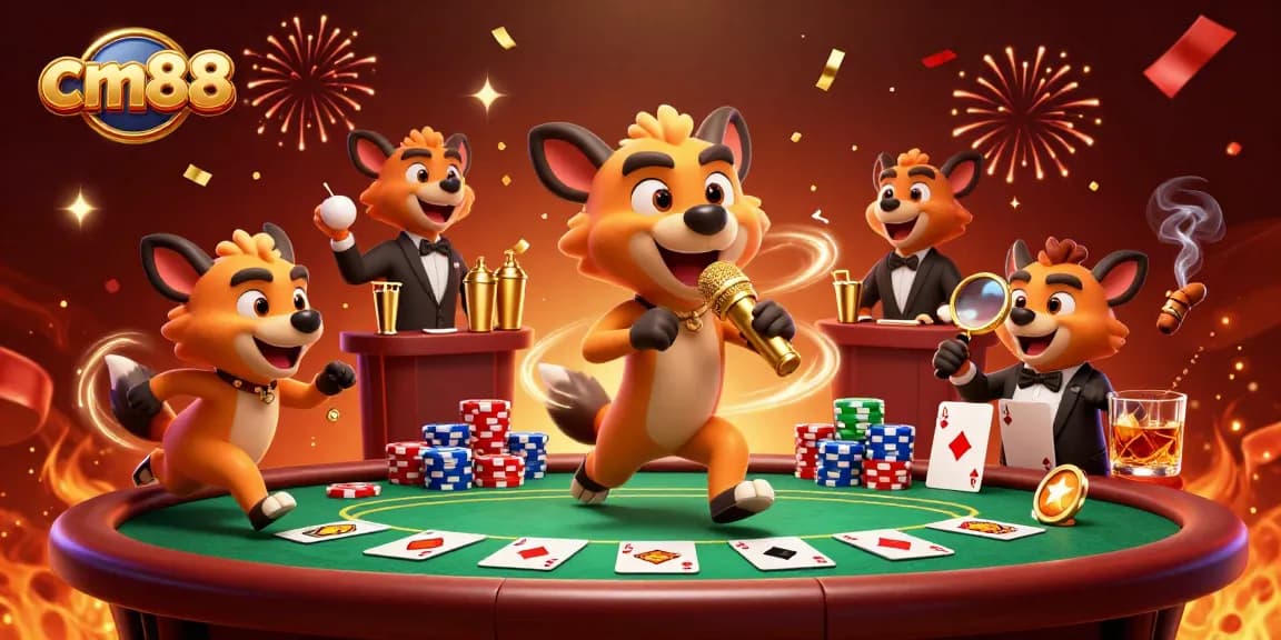 Join the fun at cm88 with hyenas in a lively comedy casino scene, showcasing poker excitement.