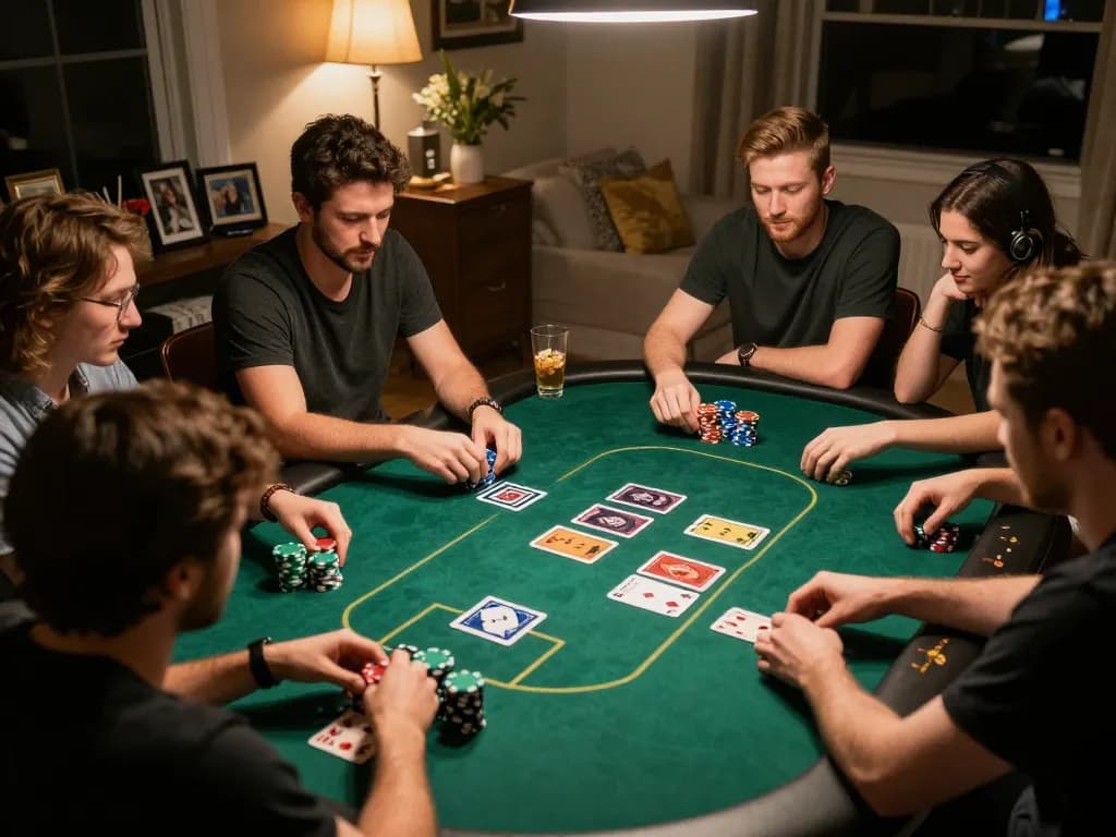 Kuwin1 poker night with friends in a lively atmosphere, showcasing strategy and camaraderie.