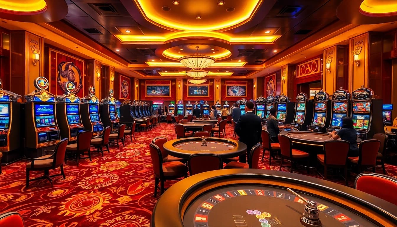 Experience thrilling gameplay at Luckywin's vibrant casino environment with engaging slot machines and poker tables.