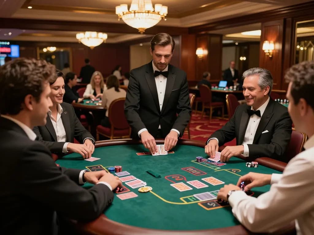 MAY88 gamblers placing bets at a luxurious blackjack table, capturing the excitement of high-stakes play.
