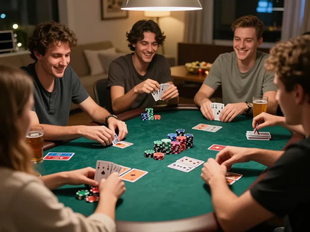 Players engaged in poker night at home, analyzing Nhận định kèo strategies with colorful chips and community cards.