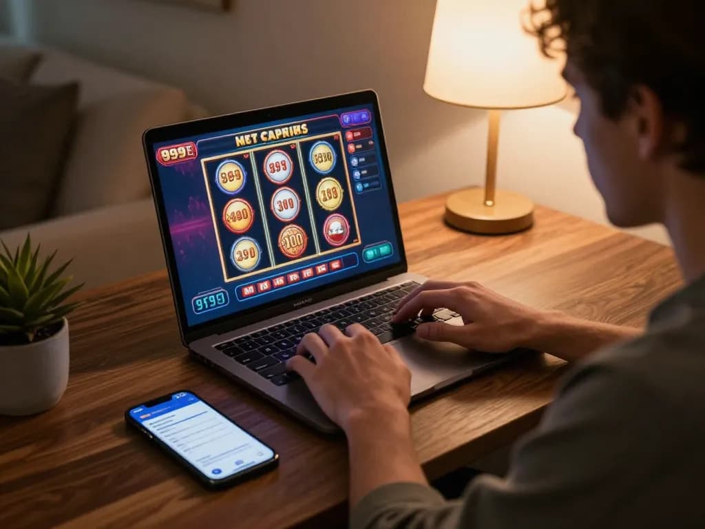 Engaging in 999E online gaming with laptop and bankroll notes in cozy home setting