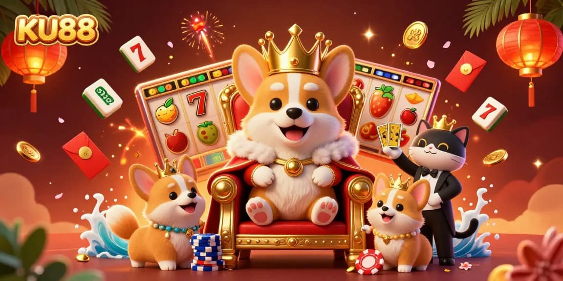 Experience the thrill of the KU88 online casino with royal corgi and vibrant game elements.