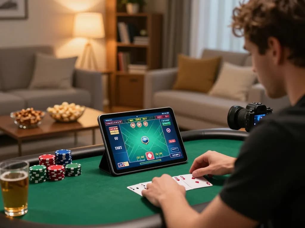 A player enjoys an engaging online poker game at home using alo8 on a tablet, highlighting interactive betting strategies.