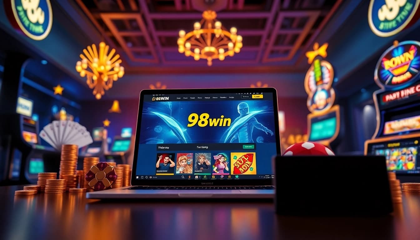 Experience the excitement of 98win online gambling platform with a sleek gaming interface and vibrant game elements.