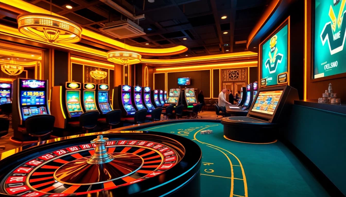 Experience the excitement at NK88 COM with vibrant casino visuals, including poker tables and slot machines.