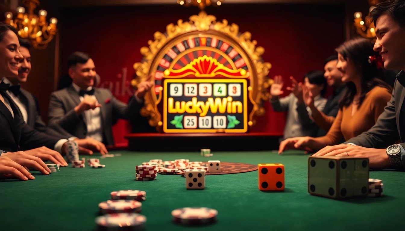 Experience the thrill of LuckyWin as players engage with a vibrant slot machine in an upscale casino.