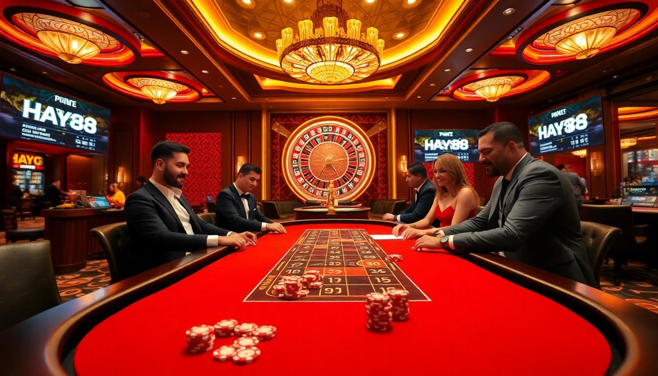 Experience the excitement of HAY88 with a vibrant poker table showcasing glamorous casino action.