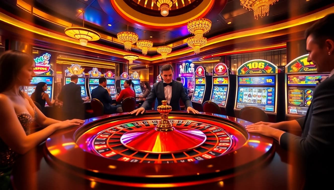 Experience thrilling gameplay at https://hu88.za.com/ with a lively casino scene, featuring roulette and poker.