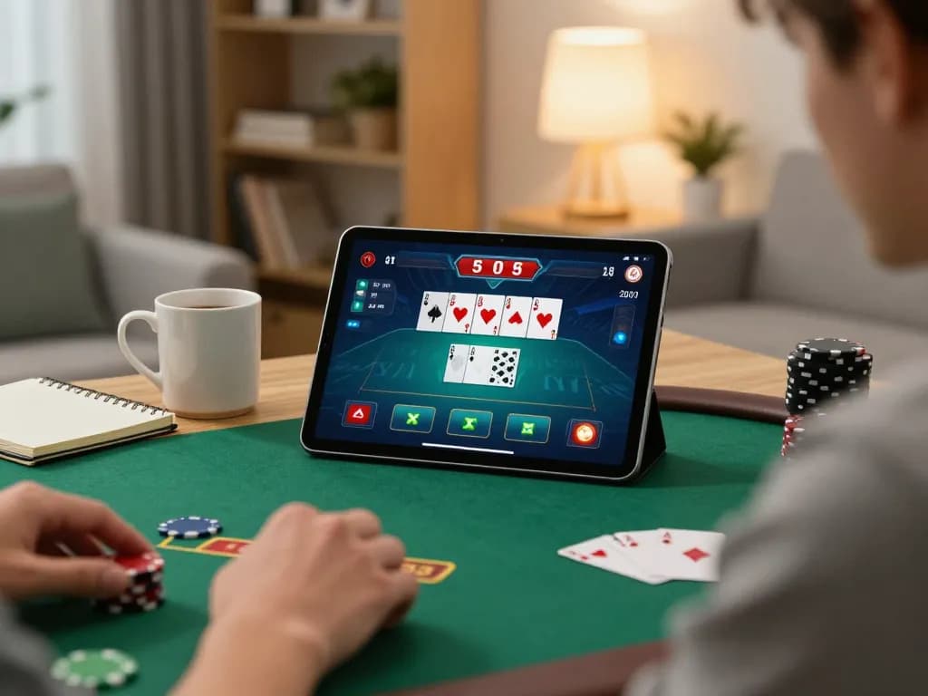 An engaged player enjoying online poker with 68gamebaivn on a tablet in a cozy home setting.