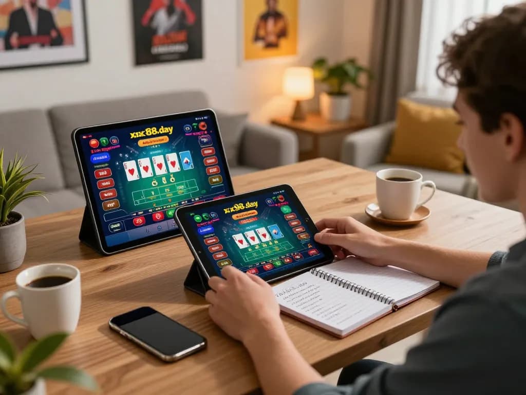 Engaging in online gaming on https://xx88.day/ with a vibrant tablet display and strategic planning.