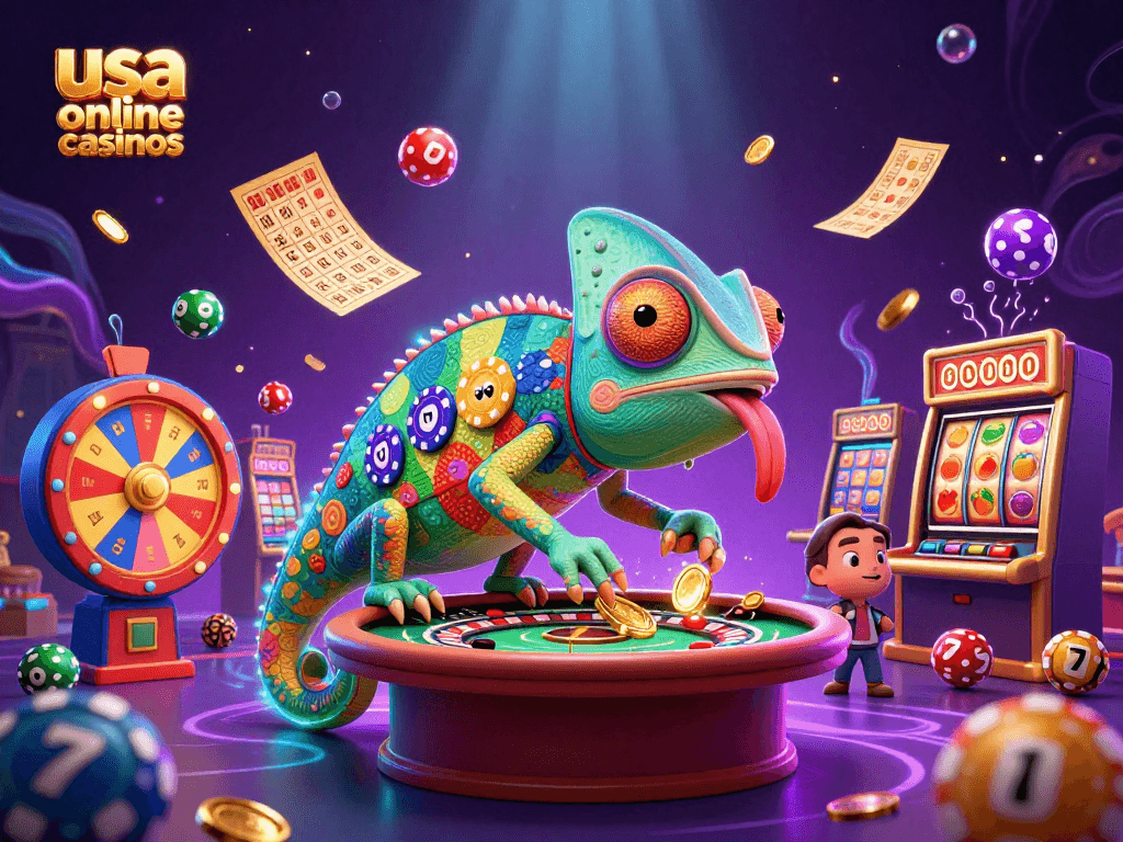 Engaging scene of usa online casinos with a chameleon theme capturing excitement and colorful game elements.