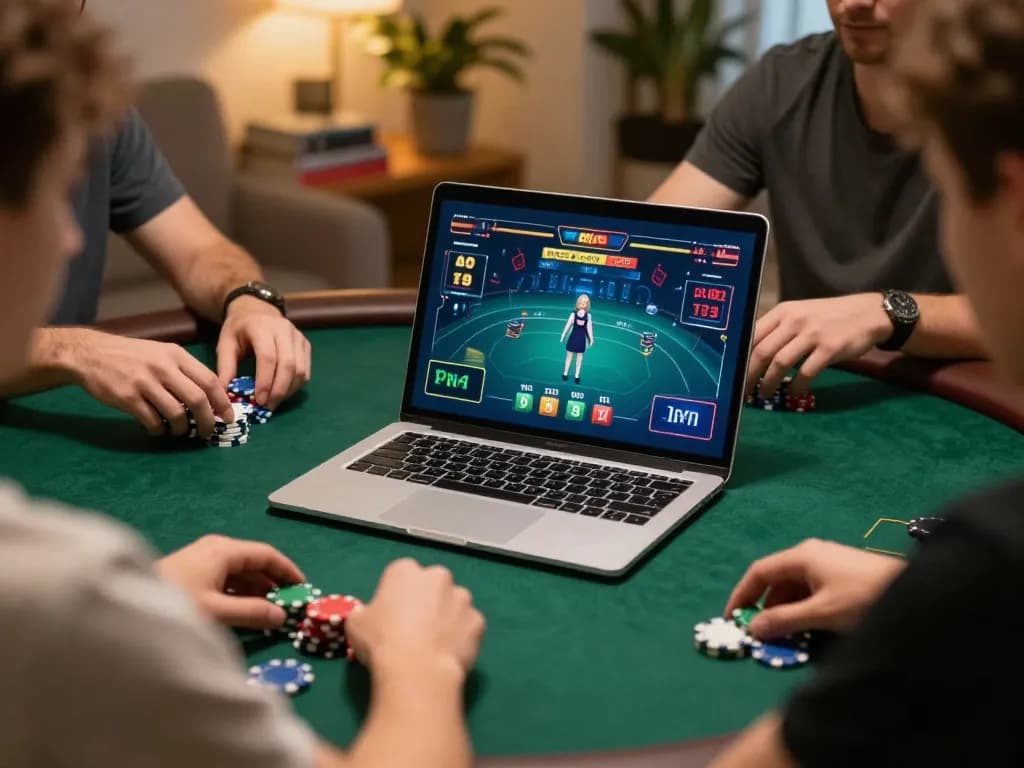 Engaging online poker gameplay at home, showcasing 32win đăng nhập and strategic betting.