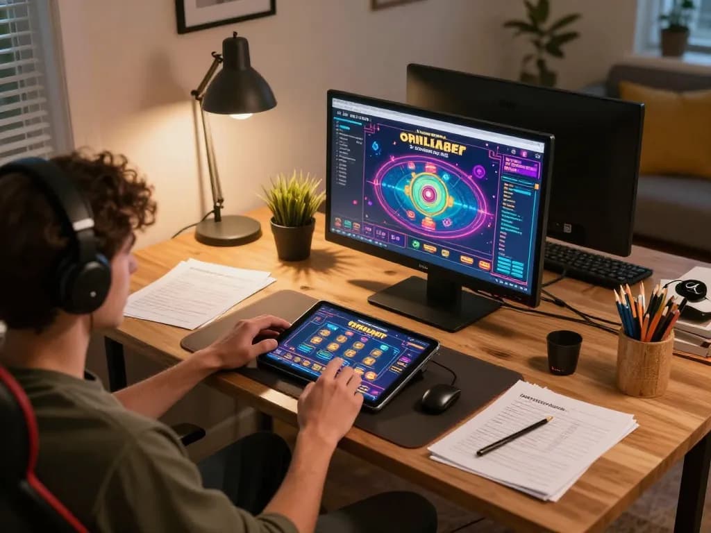 Player engaged in online casino gaming at https://www.atqvn.com/, with a dynamic tablet interface and warm home atmosphere.