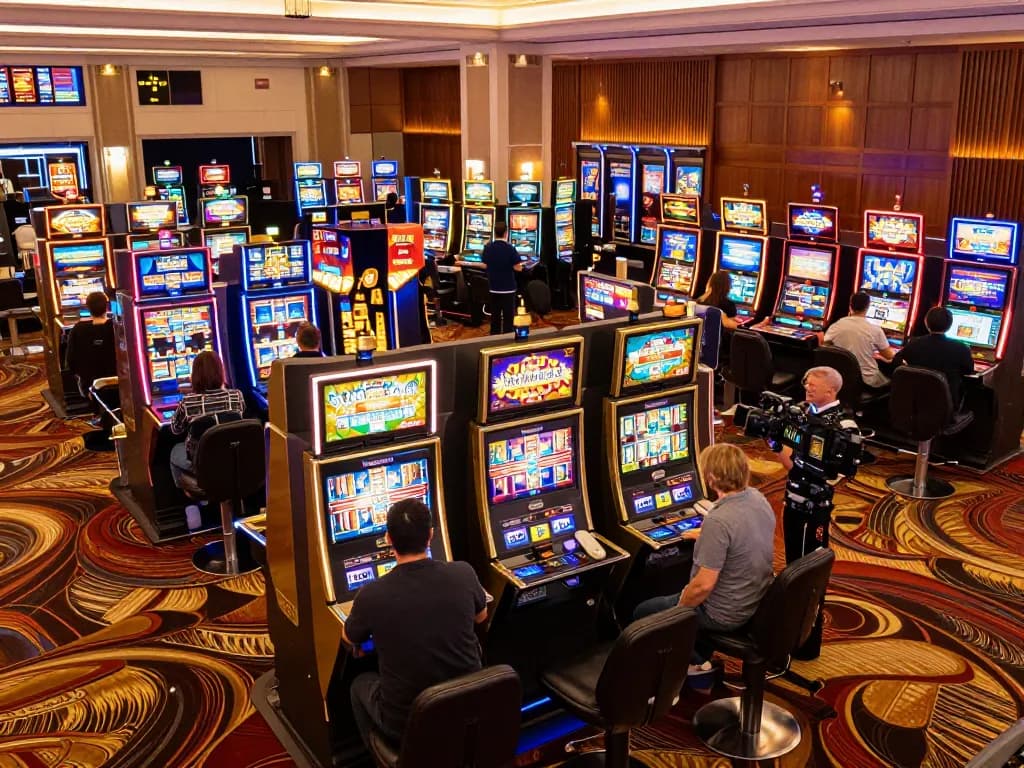 Players enjoying spinning reels on FC88 slot machines in a lively casino atmosphere