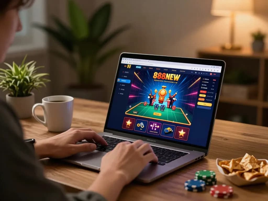Person enjoying online gaming with 888NEW on laptop, showcasing an engaging betting experience.