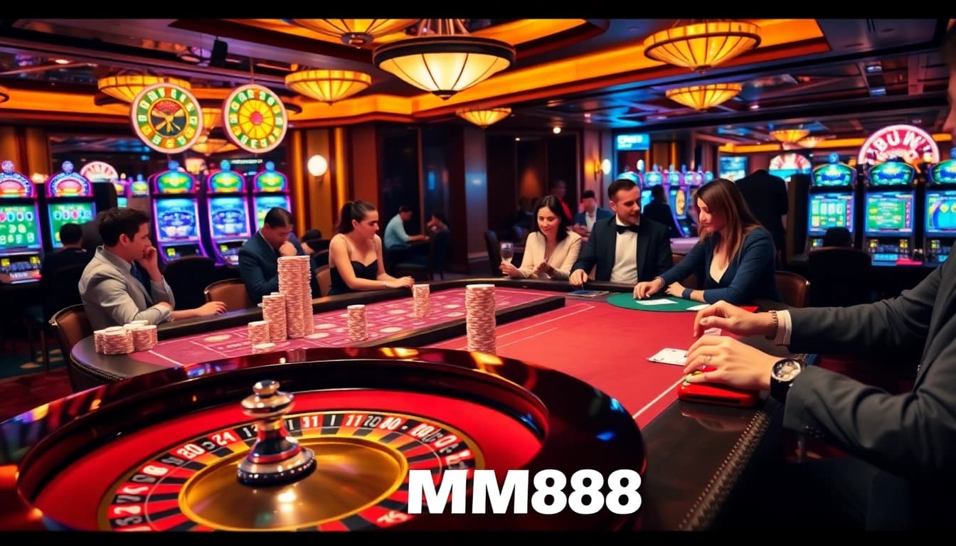 Players enjoy strategic betting at https://mm88.agency/, with vibrant poker chips and roulette in action.