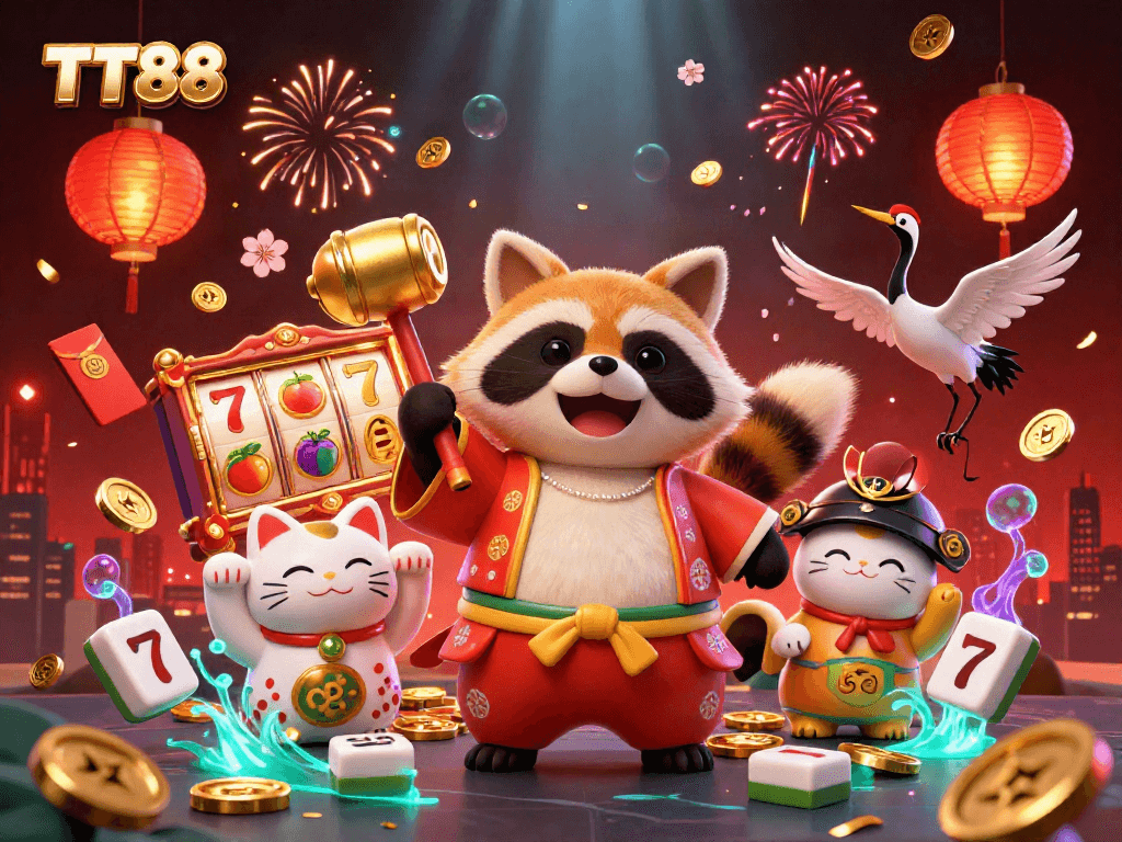 Experience thrilling gameplay with TT88 at a vibrant, festive casino scene featuring lucky symbols.