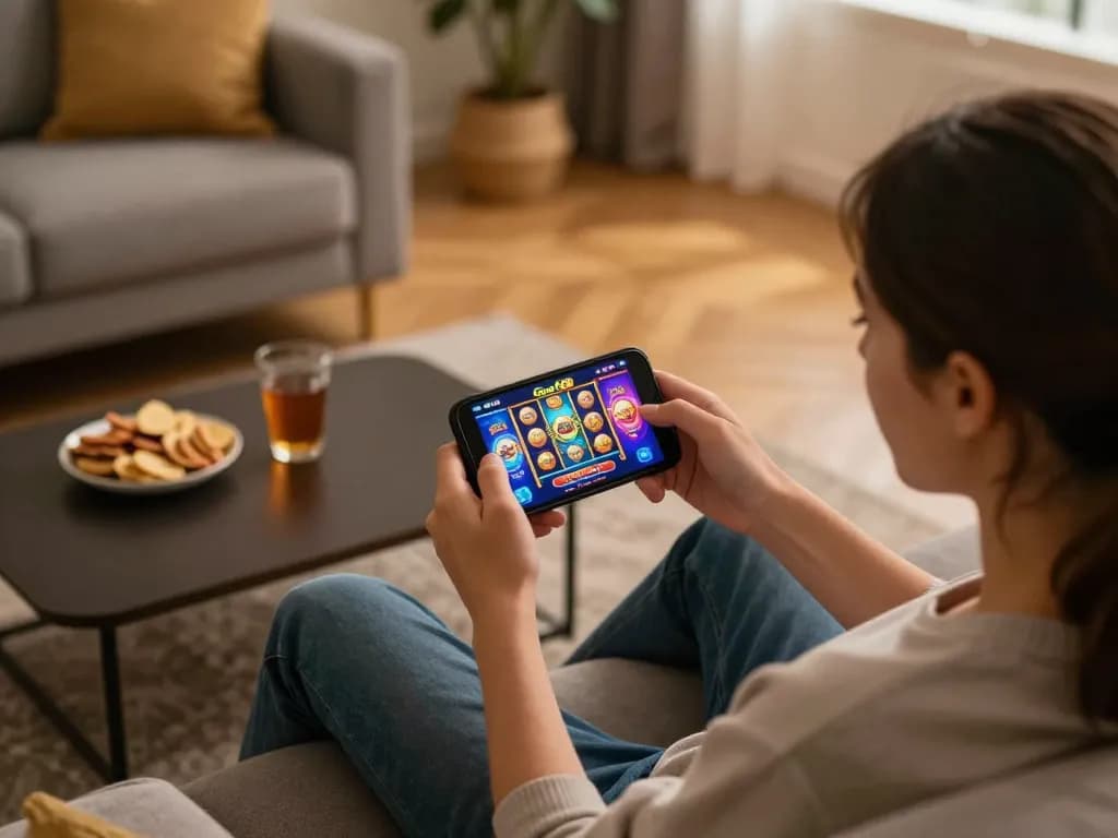 Engaging Go8 mobile gaming experience with vibrant slot visuals and a welcoming home setting.